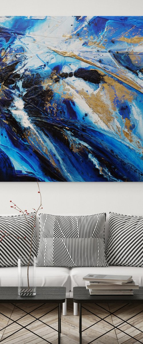 Golden Sapphire 200cm x 120cm Blue Gold Textured Abstract Art by Franko