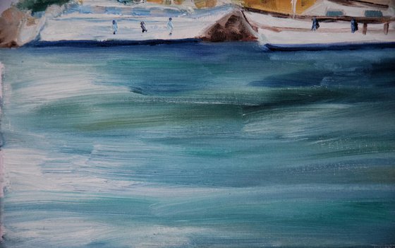Ships oil painting, seascape original canvas art, Greece landscape artwork