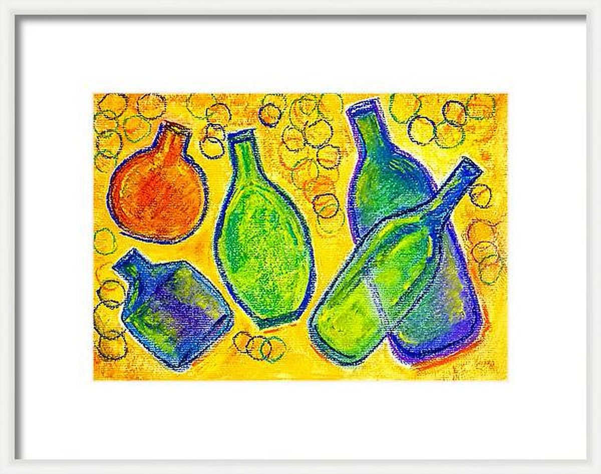 Floating Bottles Still Life pastel painting- 11.75x 8.3 by Asha Shenoy