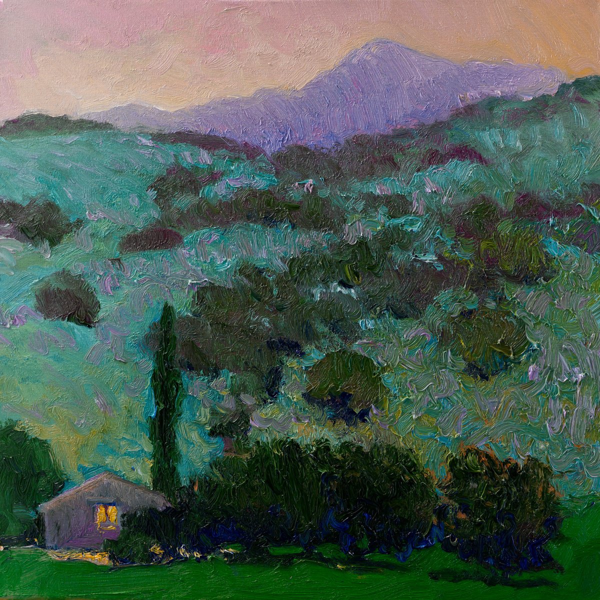 Expressive Landscape Oil Painting By Suren Nersisyan, 20 X 20", Dusk In The Mountains, Original Artwork