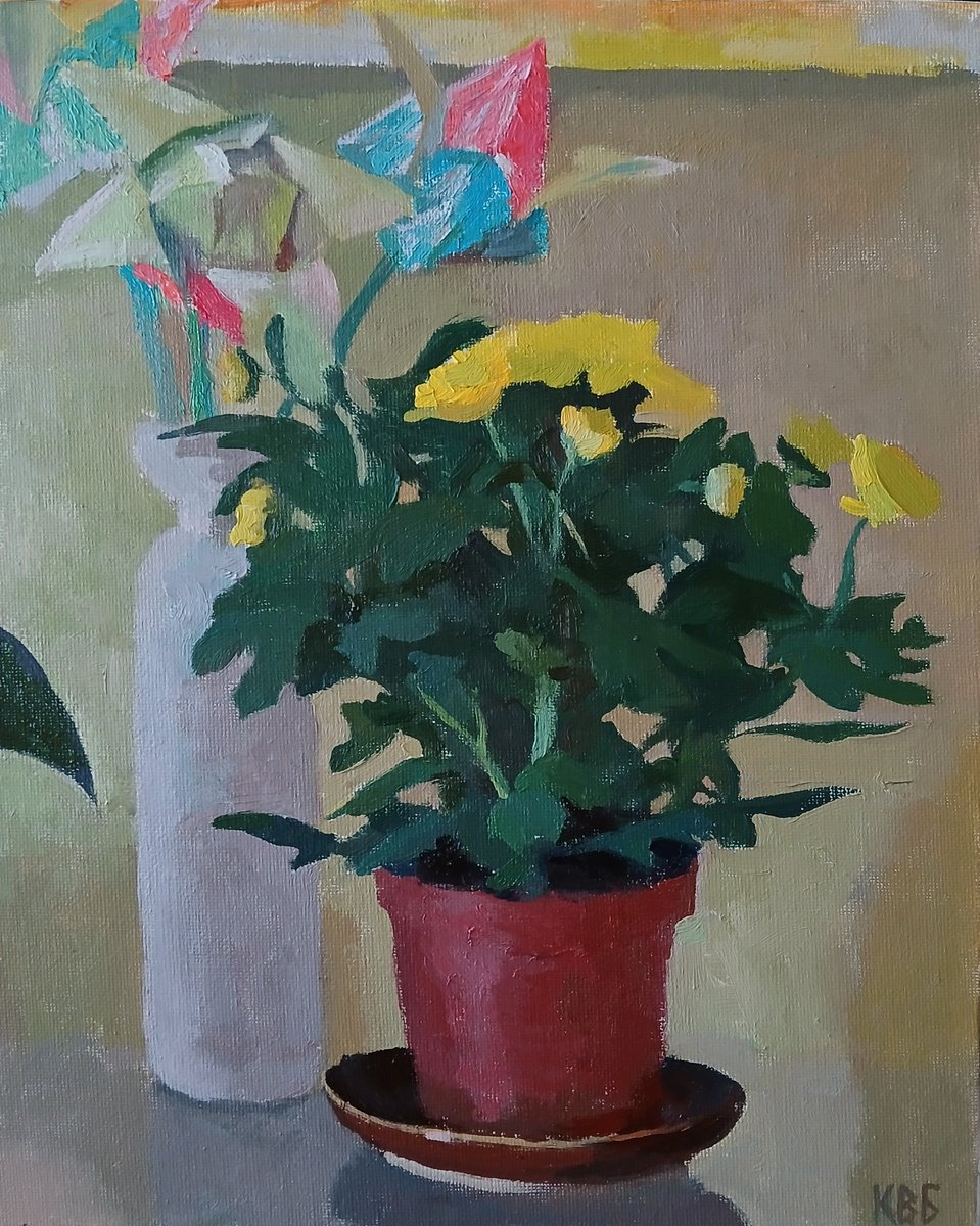 Impressionistic Botanical Oil Painting By Vasyl Koval, 9 X 12", Living And Paper Flowers, Original Artwork