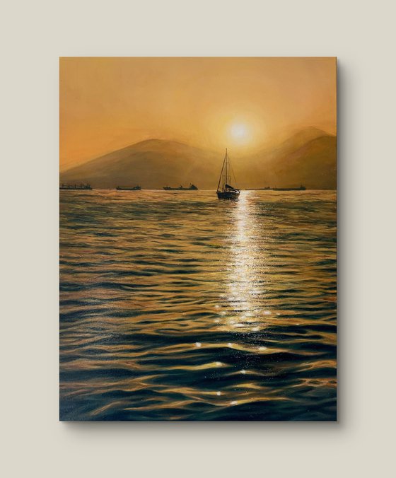 Peace of mind. Sailboat at sunset