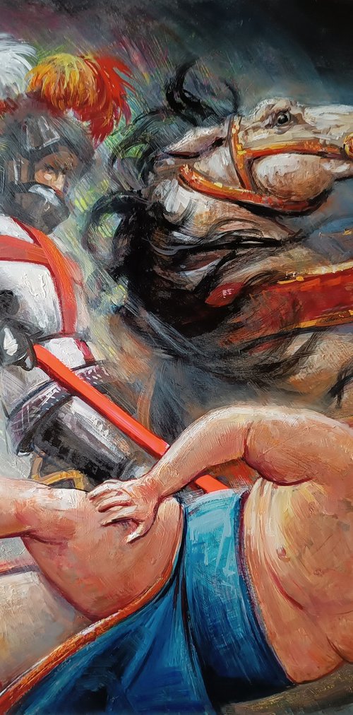 Wrathful knight slaying the Sumotori with hula hoops by Alexandre Barbera-Ivanoff
