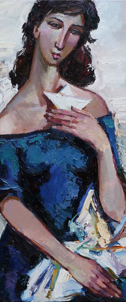 Paper boat - Woman portrait inspired by Modigliani by Anastasiia Valiulina