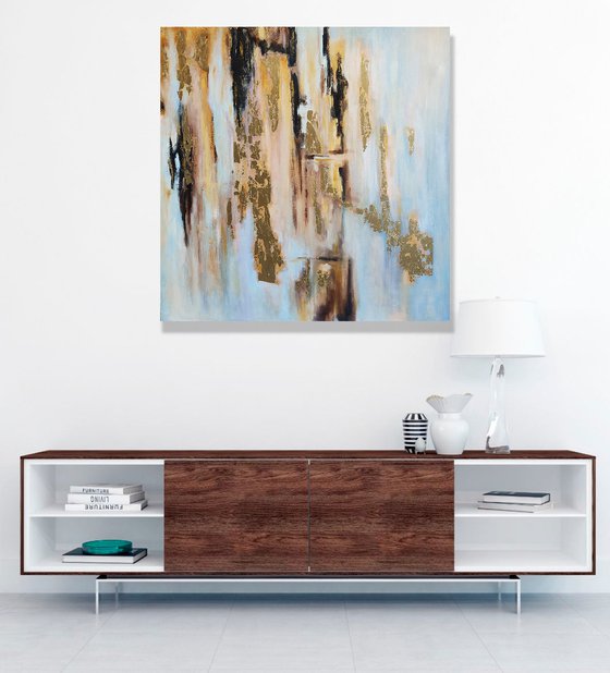 Scandinavia, Abstract Painting Grey Black Gold Wall Art Abstract Cityscape Artwork 70x70 cm ready to hang