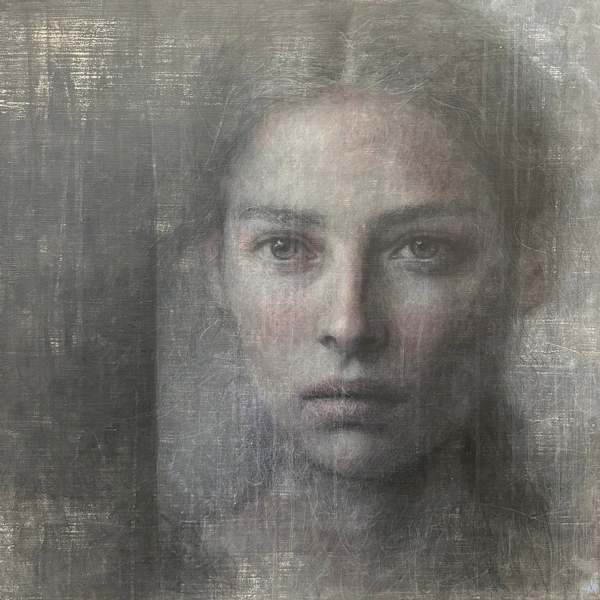 Surrealistic Portrait Painting By Margarita Ivanova, 31 X 31", A Girl Who Looking At You In The Mirror, Original Artwork