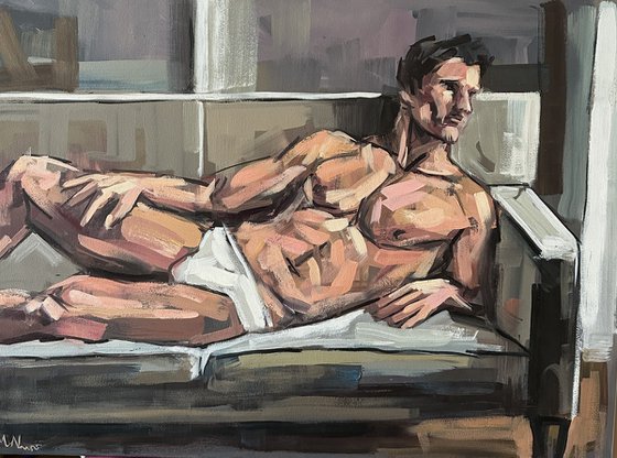 Man lying down, male nude figure painting