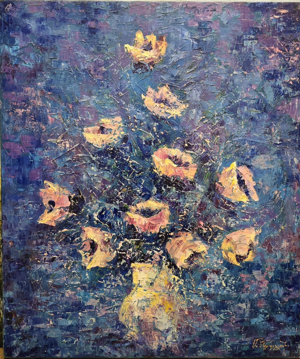 Impressionistic Botanical Oil Painting By Arto Mkrtchyan, 20 X 24, Twilight Bouquet, Original Artwork