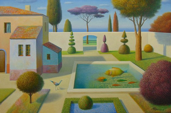 Garden with fish and bird, 24"x36", oil on canvas.