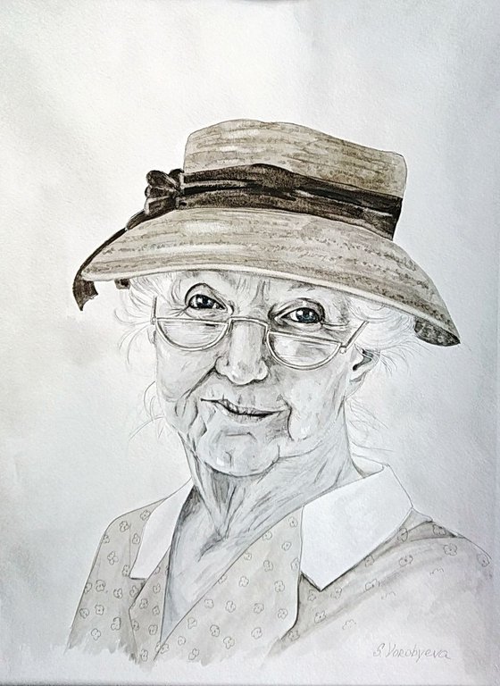 Miss Marple. Portrait. Monochrome watercolor painting.