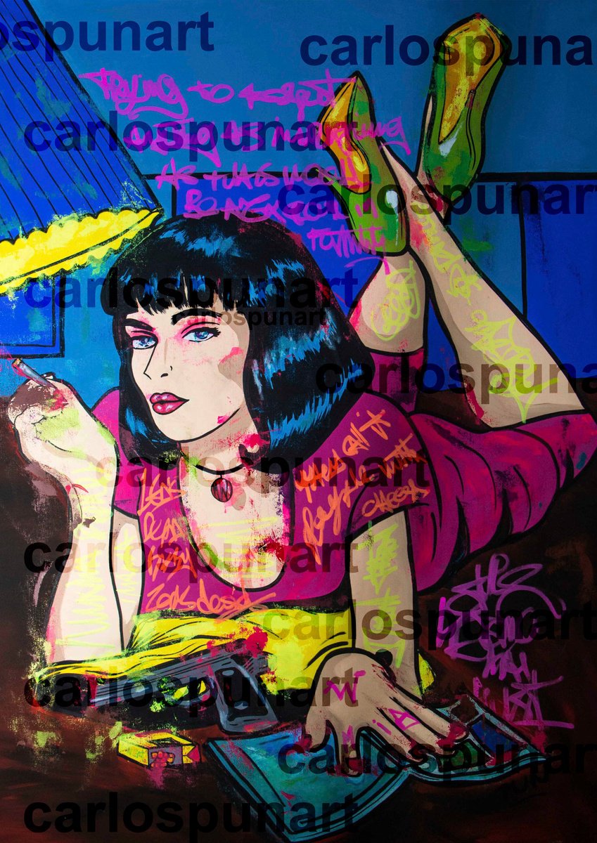 Urban And Pop Portrait Acrylic Painting By Carlos Pun Art, 43 X 59, Pulp Fiction Mia Wallace Cover, Original Artwork