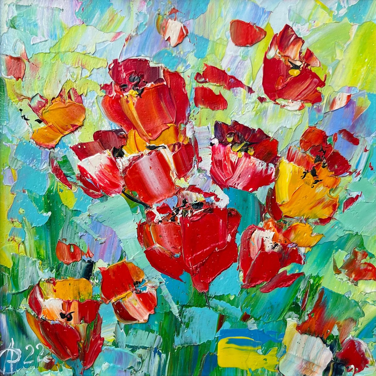 Abstract Botanical Oil Painting By Svitlana Andriichenko, 9 X 9", Summer Field, Original Artwork
