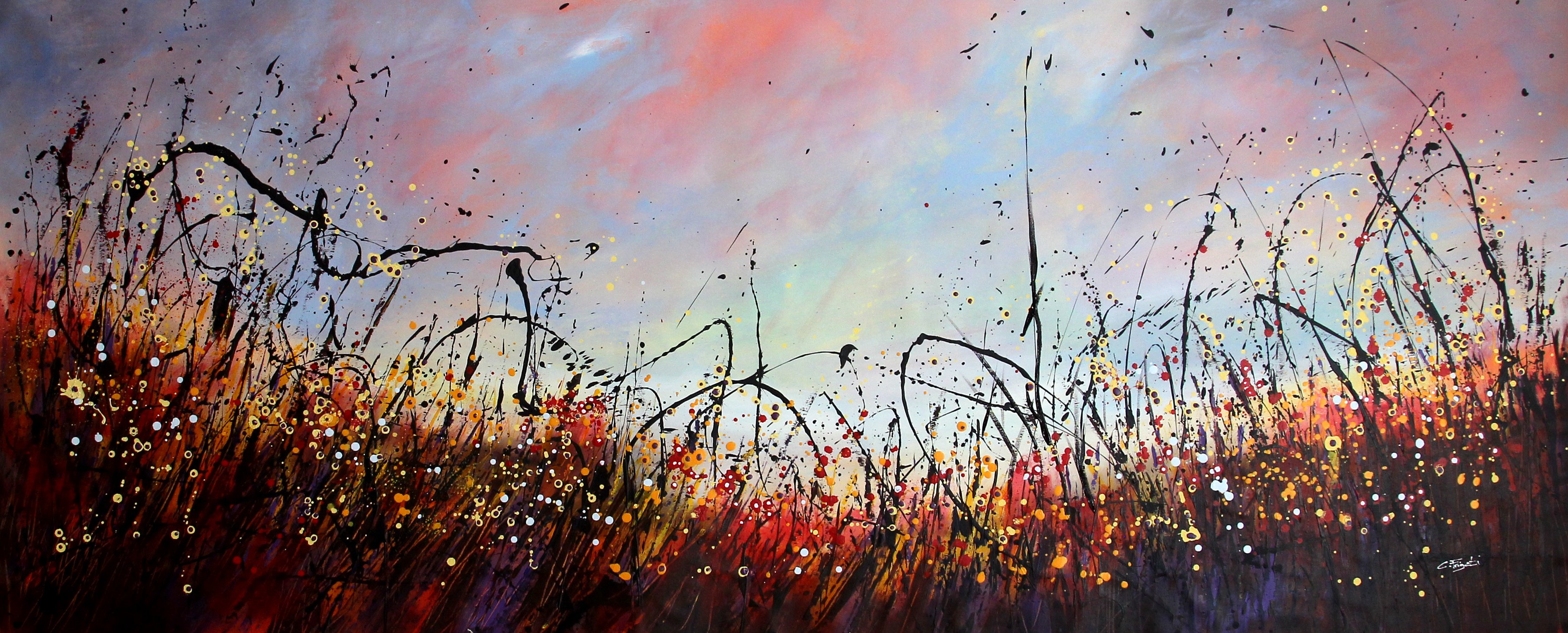 Expressive Landscape Acrylic Painting By Cecilia Frigati, 83 X 35, Good Old Days #9, Original Artwork