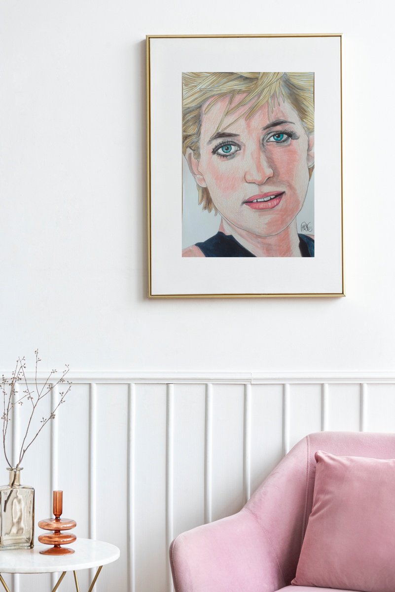 Expressive Portrait Pencil Drawing By Paul Nelson-Esch, 8 X 12", Diana, Princess Of Wales, Original Artwork