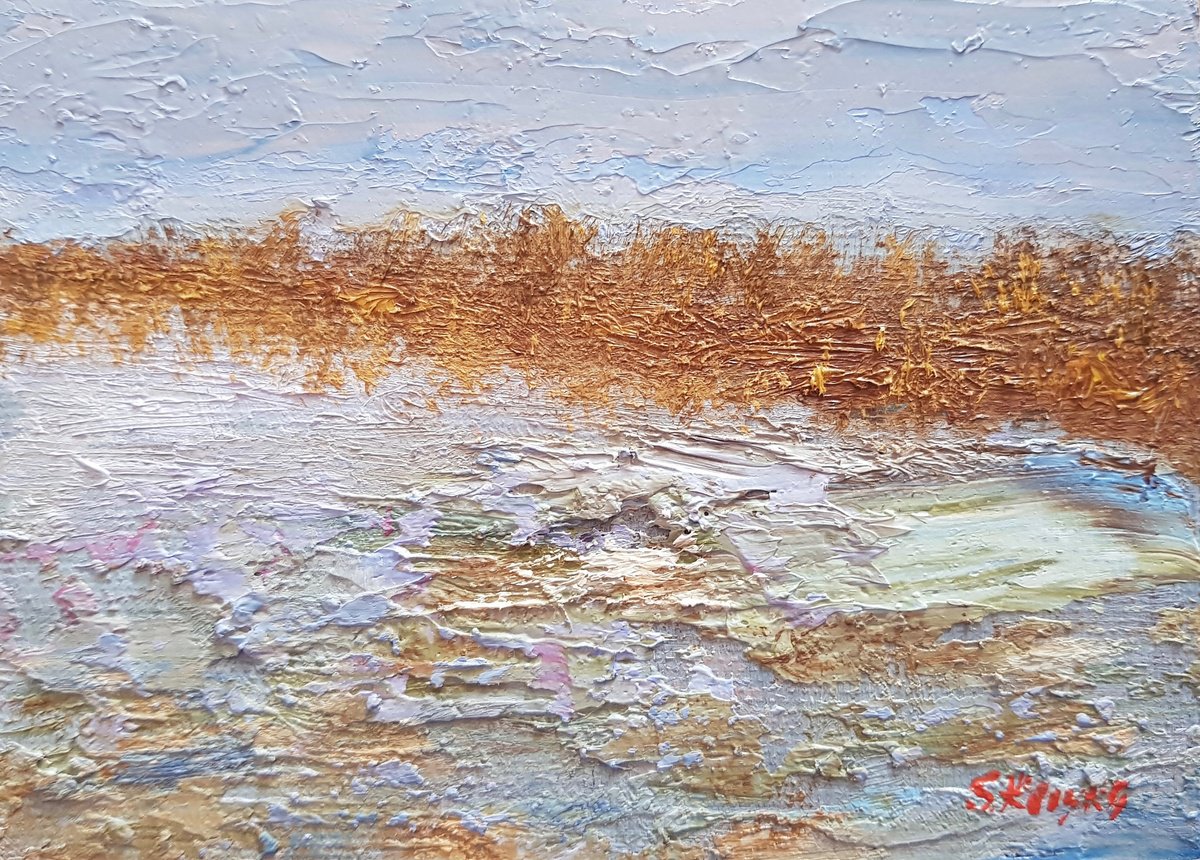 Expressive Landscape Oil Painting By Svetlana Grishkovec-Kiisky, 5 X 4", Winter Lake, Original Artwork