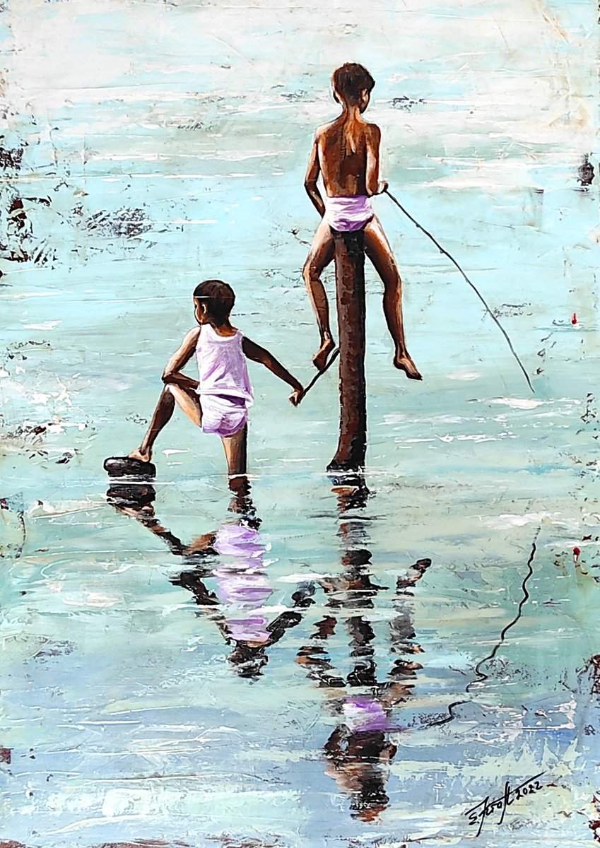 Fishermen brothers Original acrylicl painting ,50x70x2cm.,ready to hang. by Elena Kraft