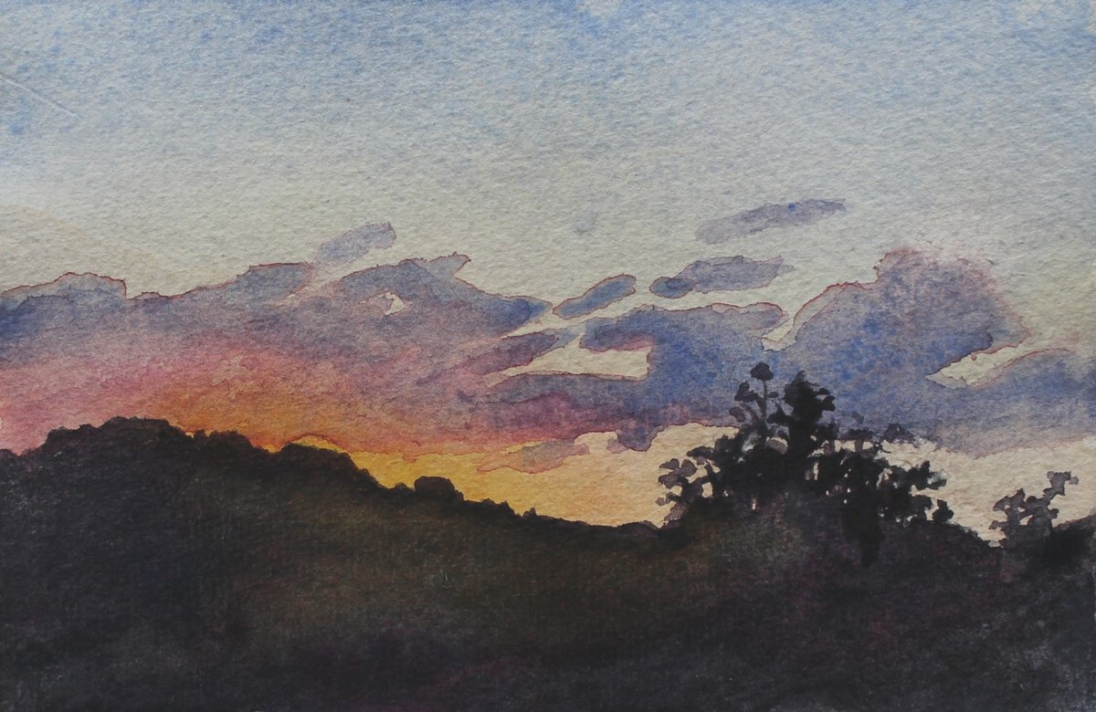 Impressionistic Landscape Watercolour By John Fleck, 6 X 4, Wisconsin Hills Sunset, Original Artwork