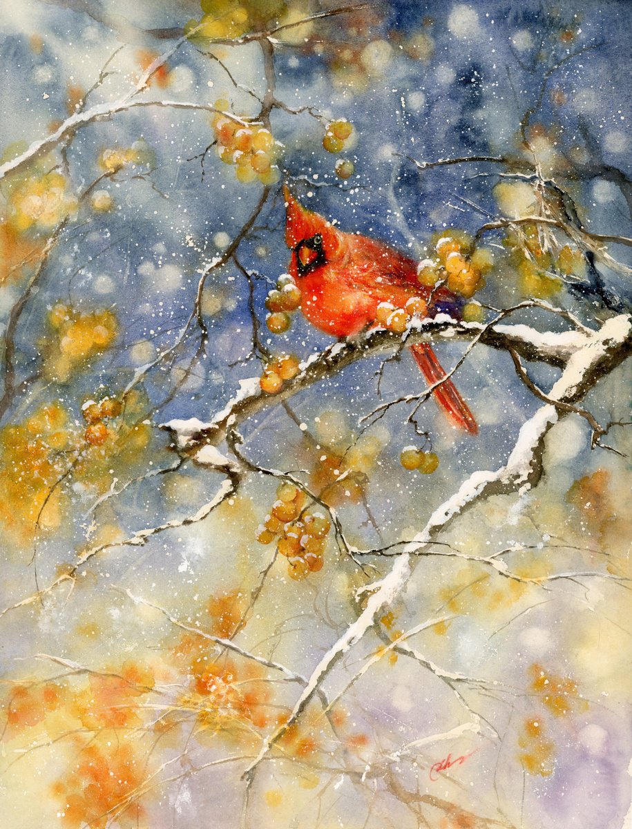 Impressionistic Animal Watercolour By Cecilia Xiao, 18 X 24, Feast In Winter, Original Artwork