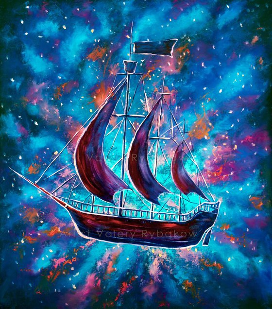 Original art for Sale Travel in space on an old sailing ship. Pirates, Peter Pan. A ship in starry sky of universe. Oil Handmade painting on canvas.