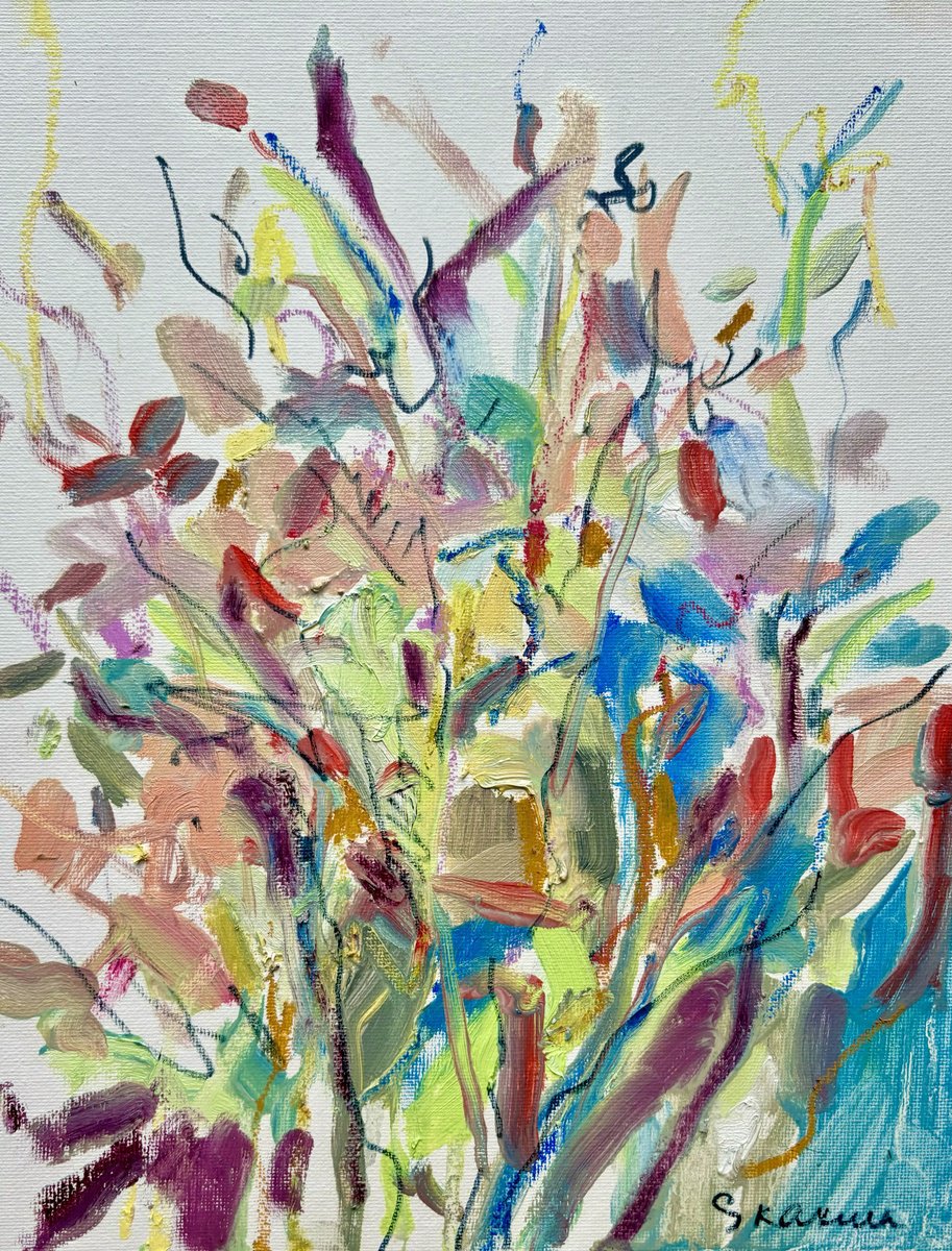 Expressive Botanical Oil Painting By Mari Skakun, 9 X 12", Dance Of Flowers, Original Artwork