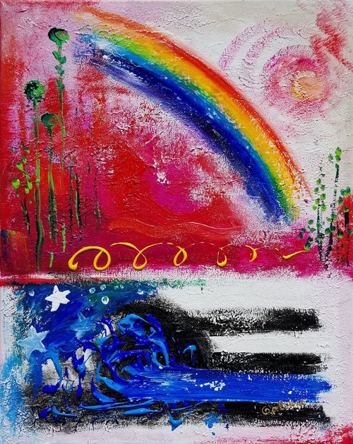 Sunrise and Rainbows over the River - original acrylic painting on stretched canvas by Galina Victoria