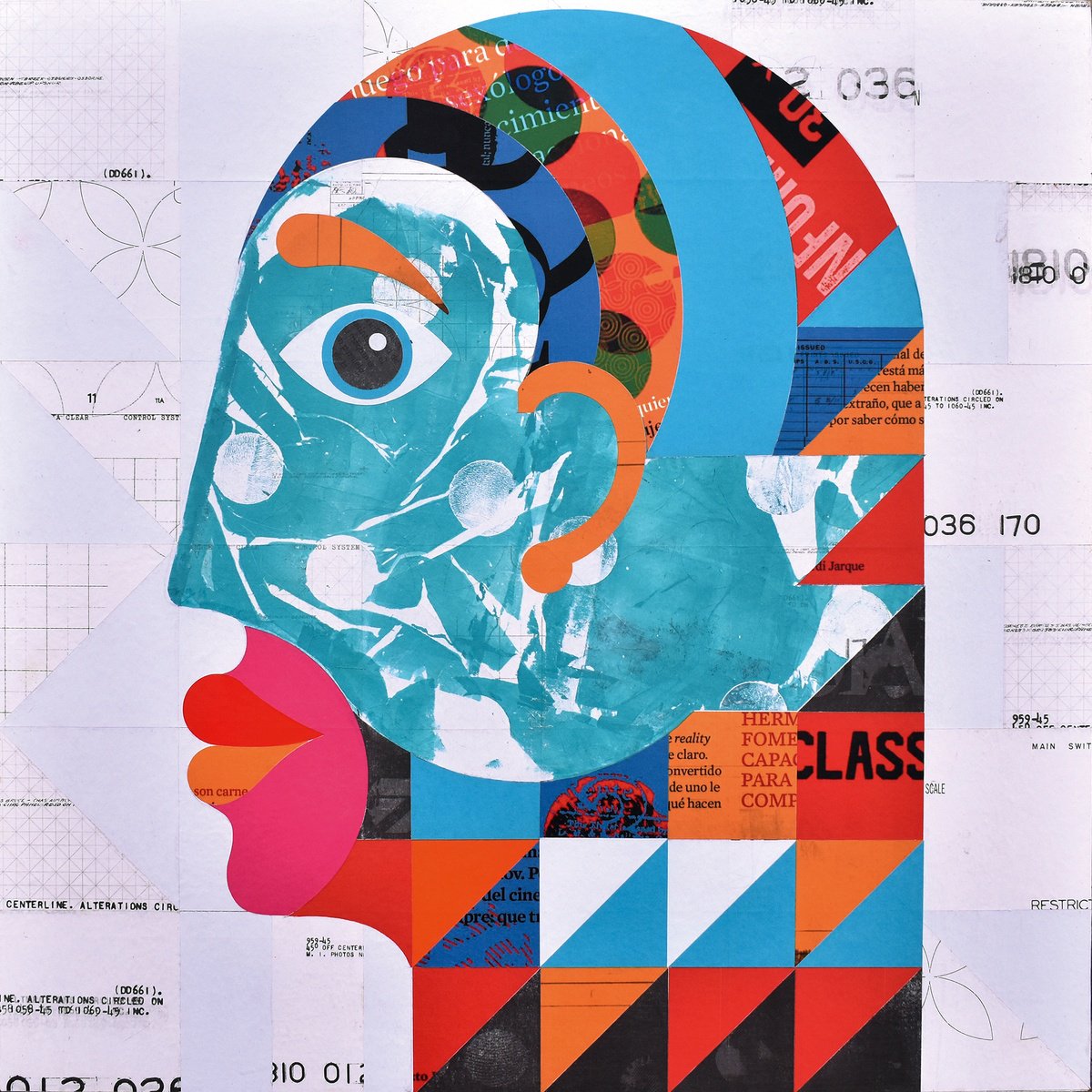 Urban And Pop Portrait Collage By Manel Villalonga, 24 X 24", 265 Blue Portrait, Original Artwork