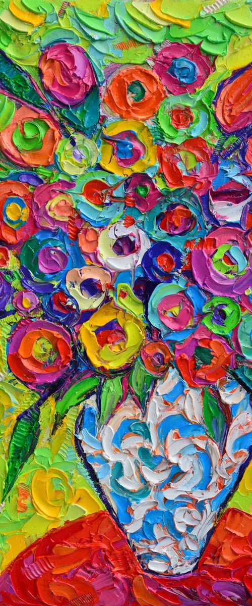 ABSTRACT COLOURFUL WILDFLOWERS OF HAPPINESS - abstract contemporary impressionist impasto palette knife original oil painting by ANA MARIA EDULESCU