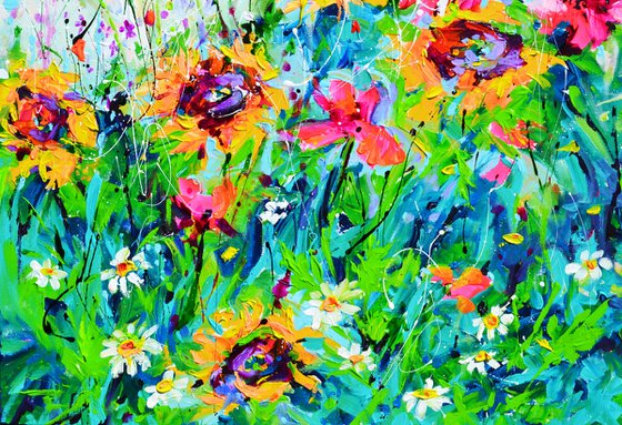 Vibrant Sunflowers and Poppies Landscape