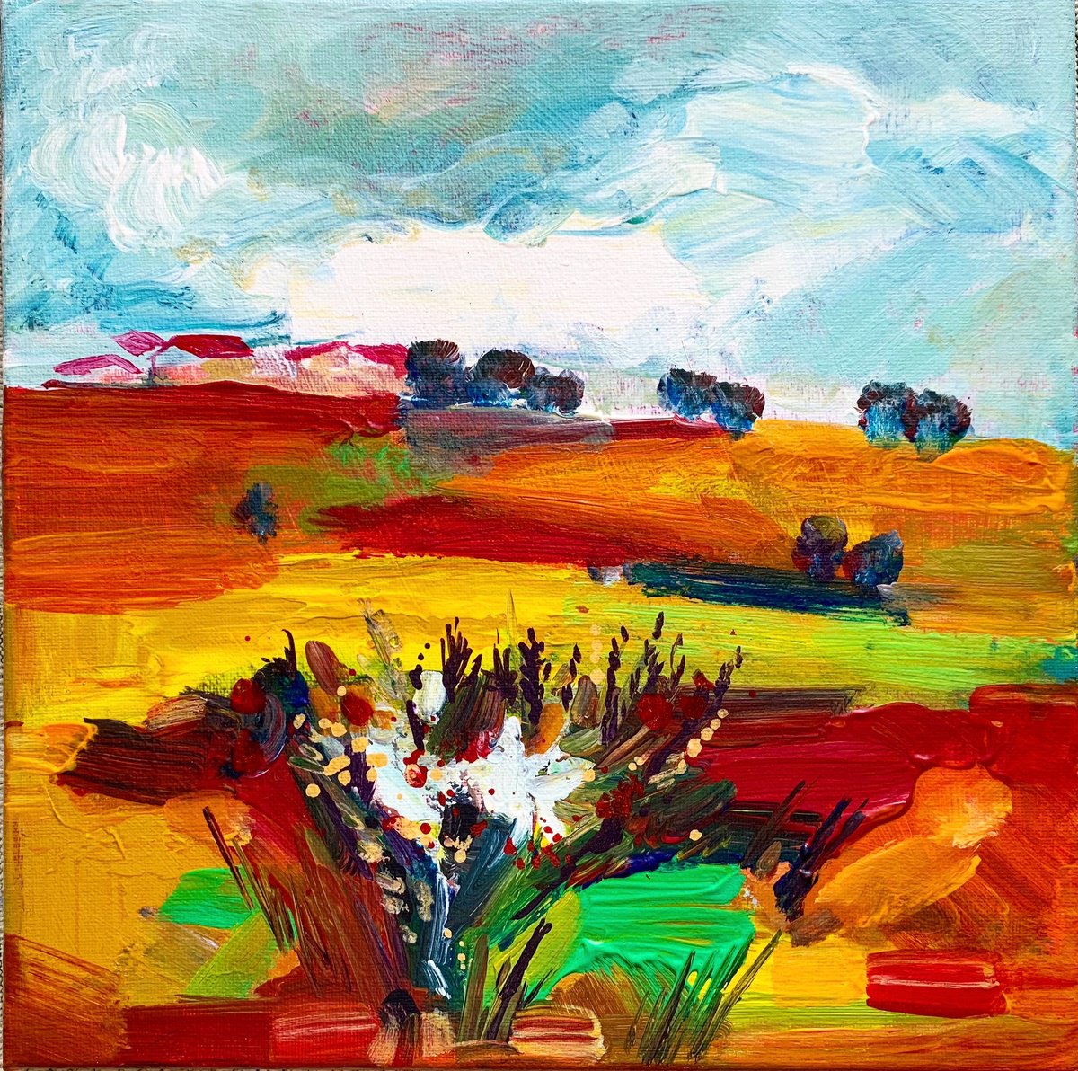 Impressionistic Landscape Acrylic Painting By Olga Pascari, 12 X 12", Autumnal Landscape, Original Artwork