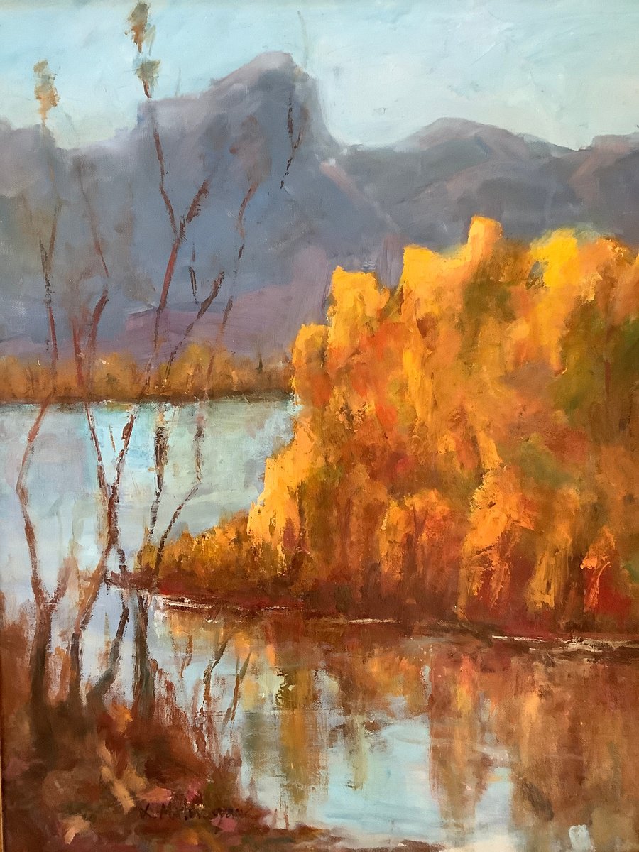 Impressionistic Landscape Oil Painting By Lia Matevosyan Haselton, 22 X 28", Autumn Dance On Pond, Original Artwork