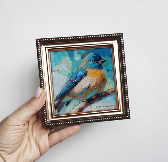 Bluebird painting original oil 4x4 in blue frame, Bluebird art illustration small painting framed, Bird lovers gift