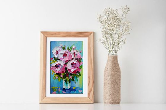 Roses -  small bouquet, rose, small painting, bouquet, flowers oil painting, oil painting, flowers,  postcard, gift idea, gift