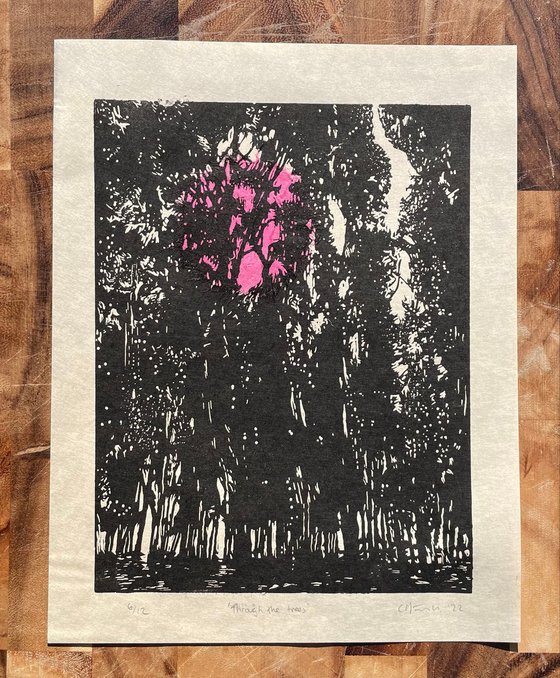 Through the Trees Linocut Print with chine collee