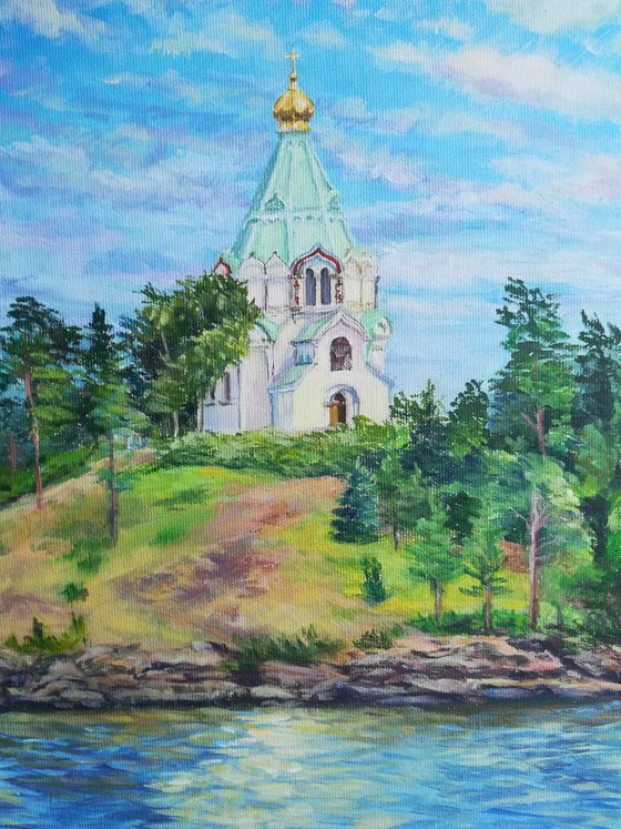 White dove over Saint Nicholas' Skete. Valaam, Lake Ladoga