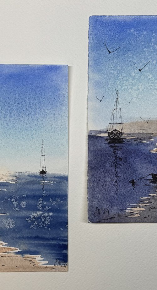 Diptych Sketch Beach Seagulls by Yuliia Sharapova