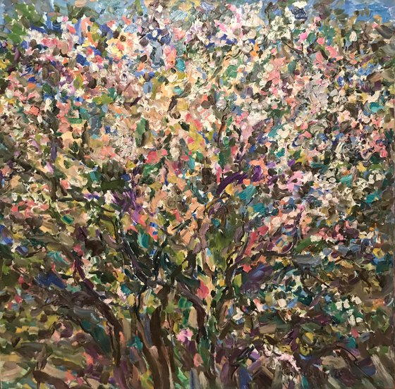 BLOOMING CHERRY - Floral art, large original painting oil on canvas, landscape, plant tree flower sky spring, flowering bush, interior art home decor