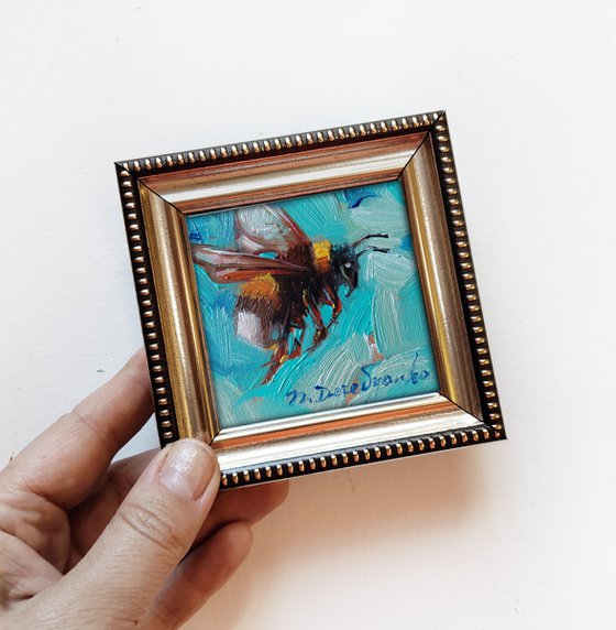 Bumblebee artwork blue turquoise oil painting original 3x3, Bumblebee home decor wall art mini painting funny gift - Born to bee real