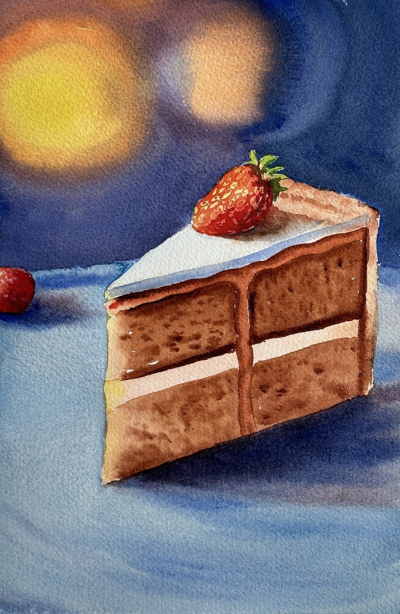 Impressionistic Watercolour , Celebration Cake With Strawberries By Oleksandra Padushyna, 7 X 11, Artwork For Sale On Artfinder