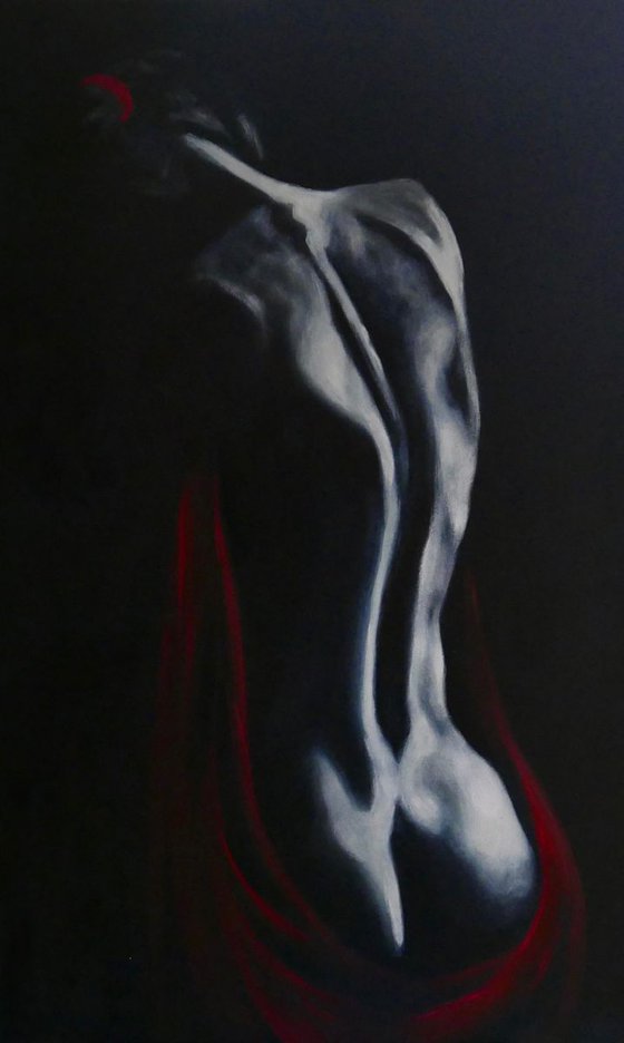 Nude lady draped in red silk