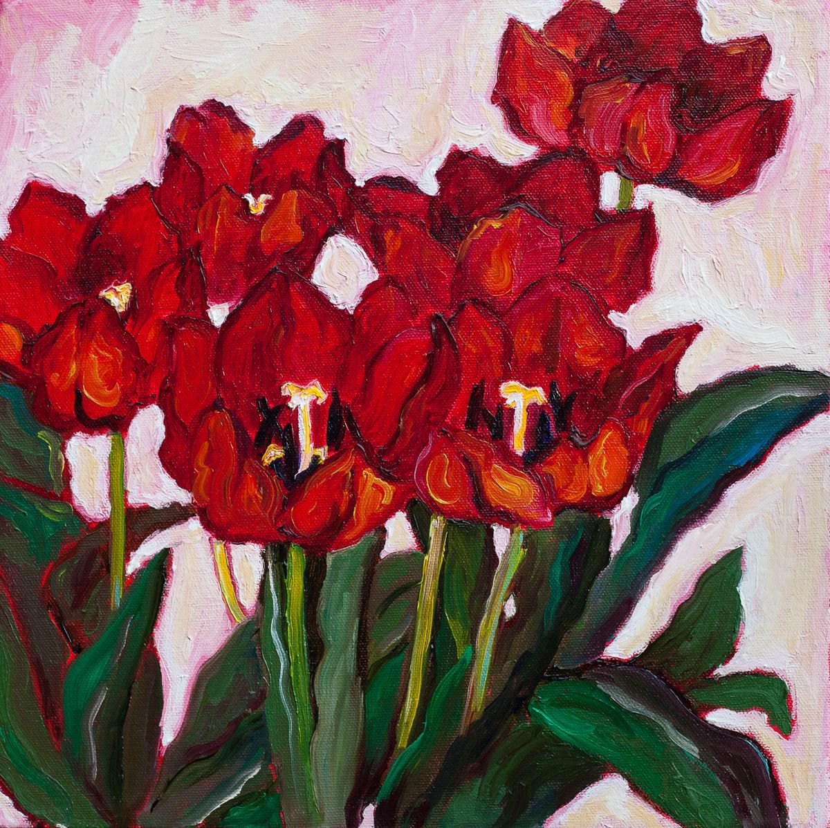 Expressive Botanical Oil Painting By Liudmila Pisliakova, 12 X 12", Tulips, Original Artwork