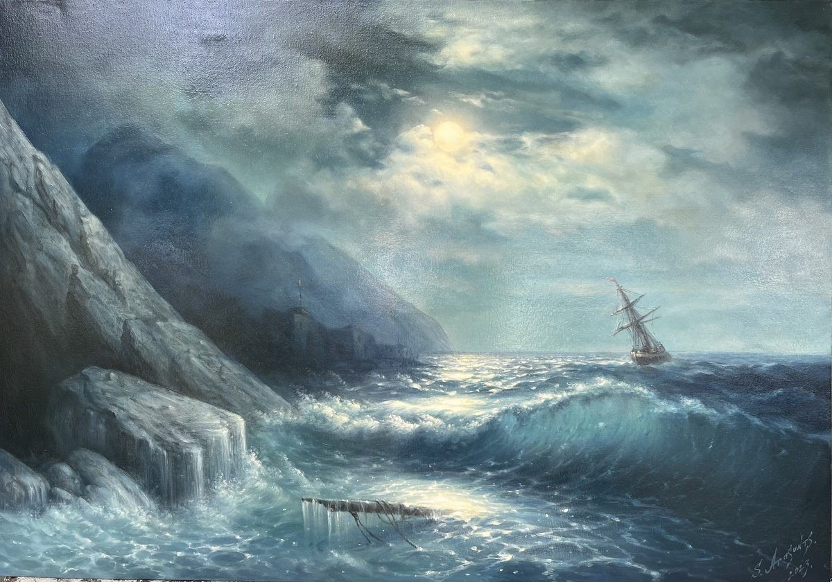 Impressionistic Landscape Oil Painting By Samvel Atasunc, 45 X 31", Storm At Sea Under The Moon, Original Artwork