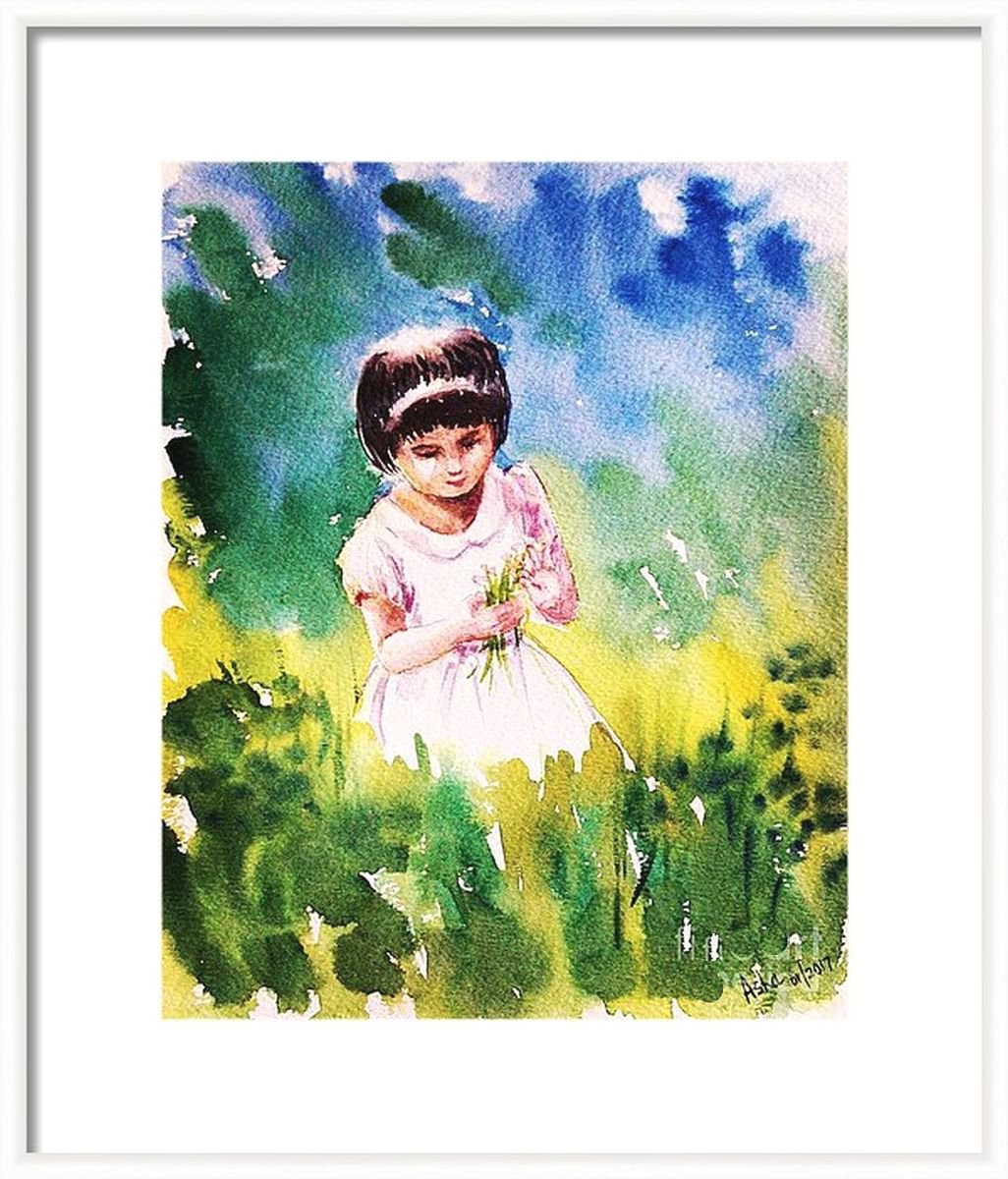 Little Girl in the garden painting - Happy childhood 3 (9 x 12-?) by Asha Shenoy