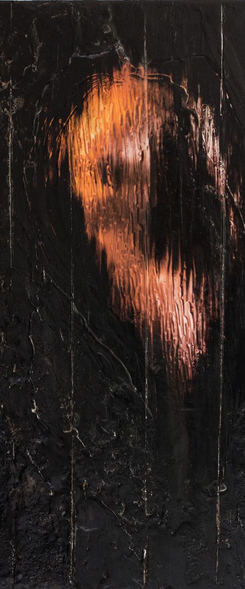 "Muse" (60x30x2,5cm) - Unique abstract nude artwork on wood (abstract, nude, gouache, original, painting, coffee, egg shells, acrylic, oil, watercolor, encaustics, beeswax, resin, wood) by Rouzbeh Tahmassian