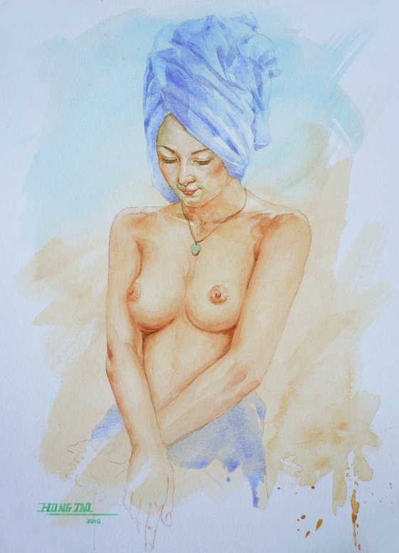 original art watercolour painting nude  girl  body on paper #16-5-6-03