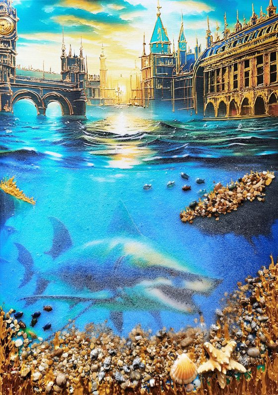 Flooding in London. Global warming. Shark under water, sea bottom seascape marine.  Fantasy art.