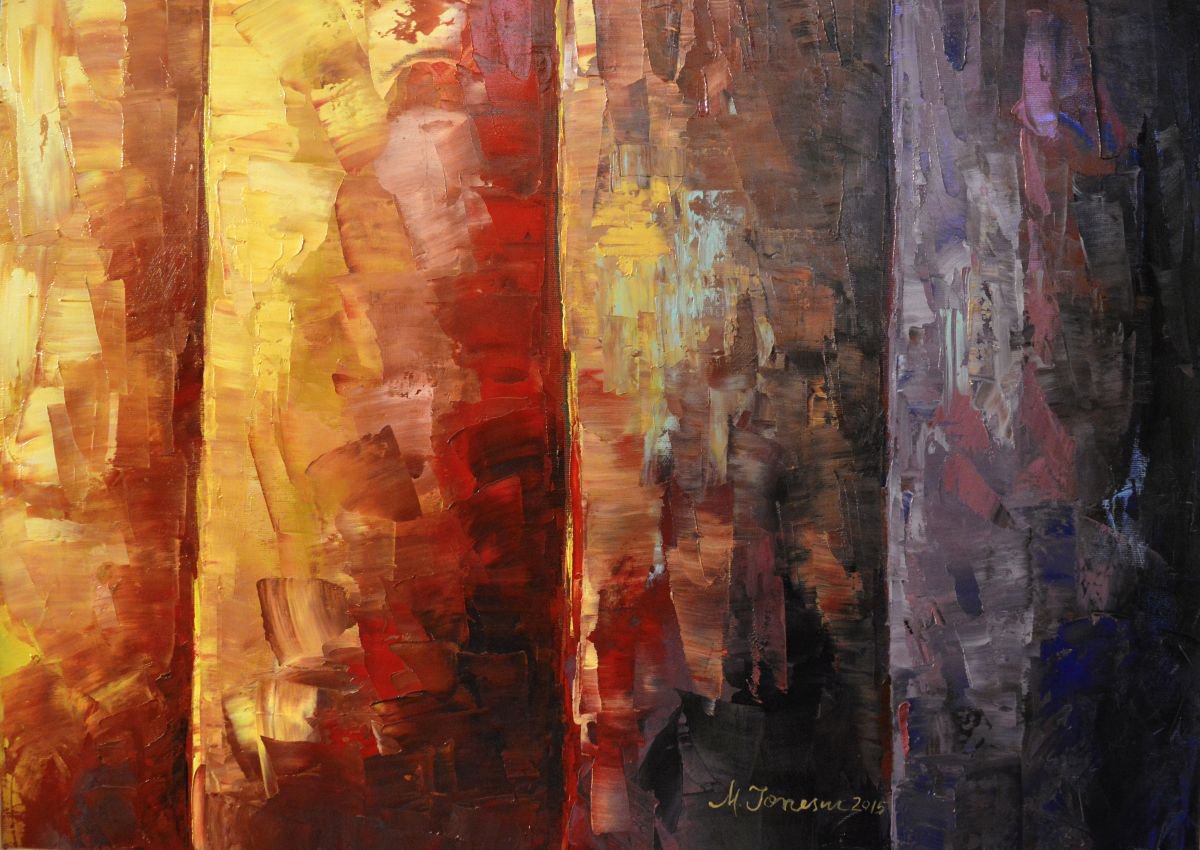 Expressive Abstract Oil Painting By Mihaela Ionescu, 28 X 20", "Autumn Trunks", Original Artwork