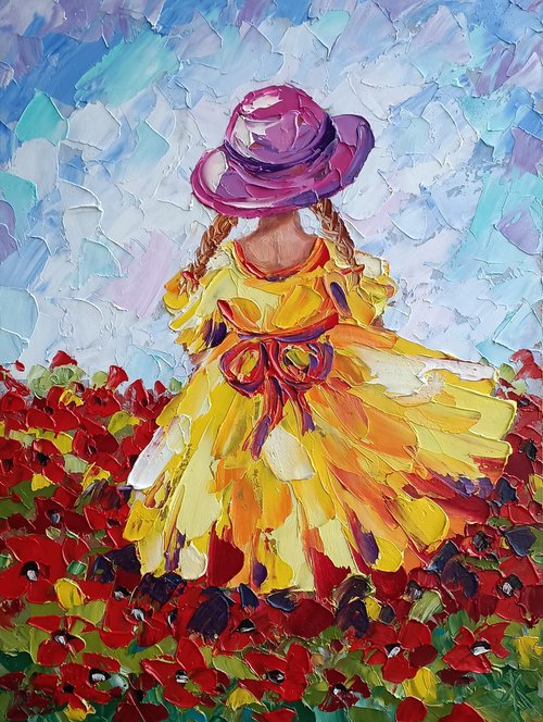 To meet the sun - oil painting, flowers, field of flowers, poppies flowers,  child, childhood, flowers and sky, girl, landscape, children by Anastasia Kozorez