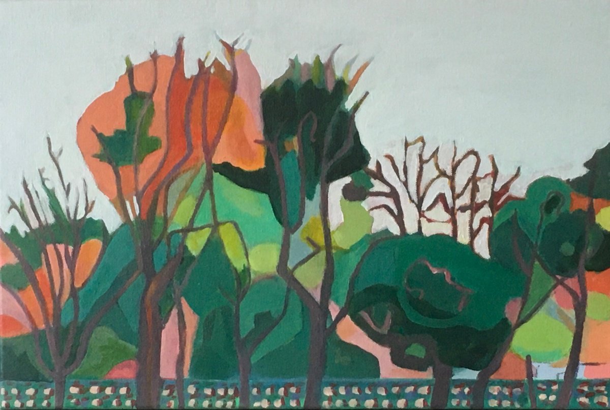 Impressionistic Landscape Acrylic Painting By Chihiro Kinjo, 18 X 12, Near The National Stud-2, Original Artwork