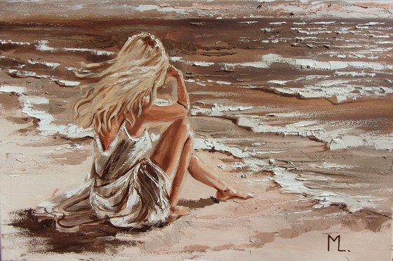 " ON THE BEACH ... " SUN SKY SEA SAND liGHt  ORIGINAL OIL PAINTING, GIFT, PALETTE KNIFE