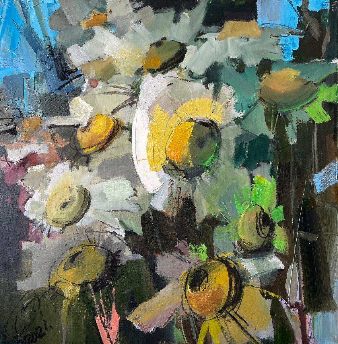 Expressive Botanical Oil Painting By Igor Yuryev, 28 X 28, Chamomile, Original Artwork